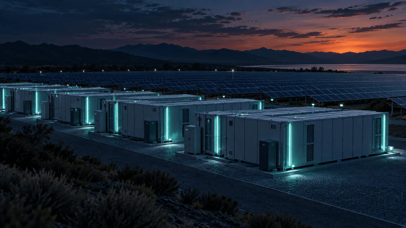 Utility-scale battery storage beside a solar farm
