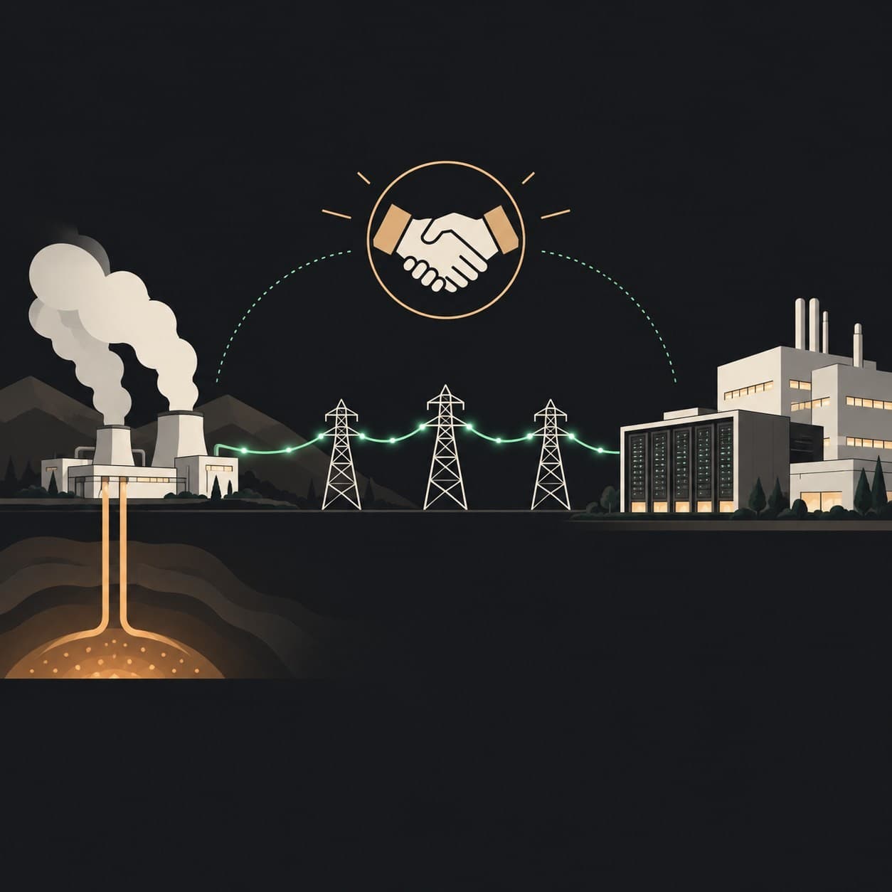 左側地熱電廠與右側資料中心、晶圓廠以輸電塔相連，上方有握手圖示