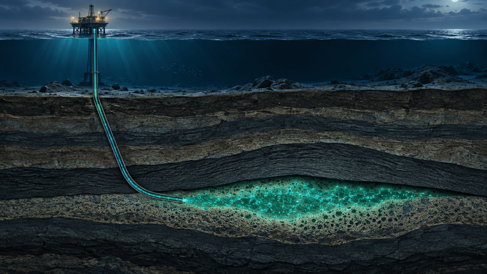 CO₂ is piped into a saline aquifer about 2,600 m below the seabed