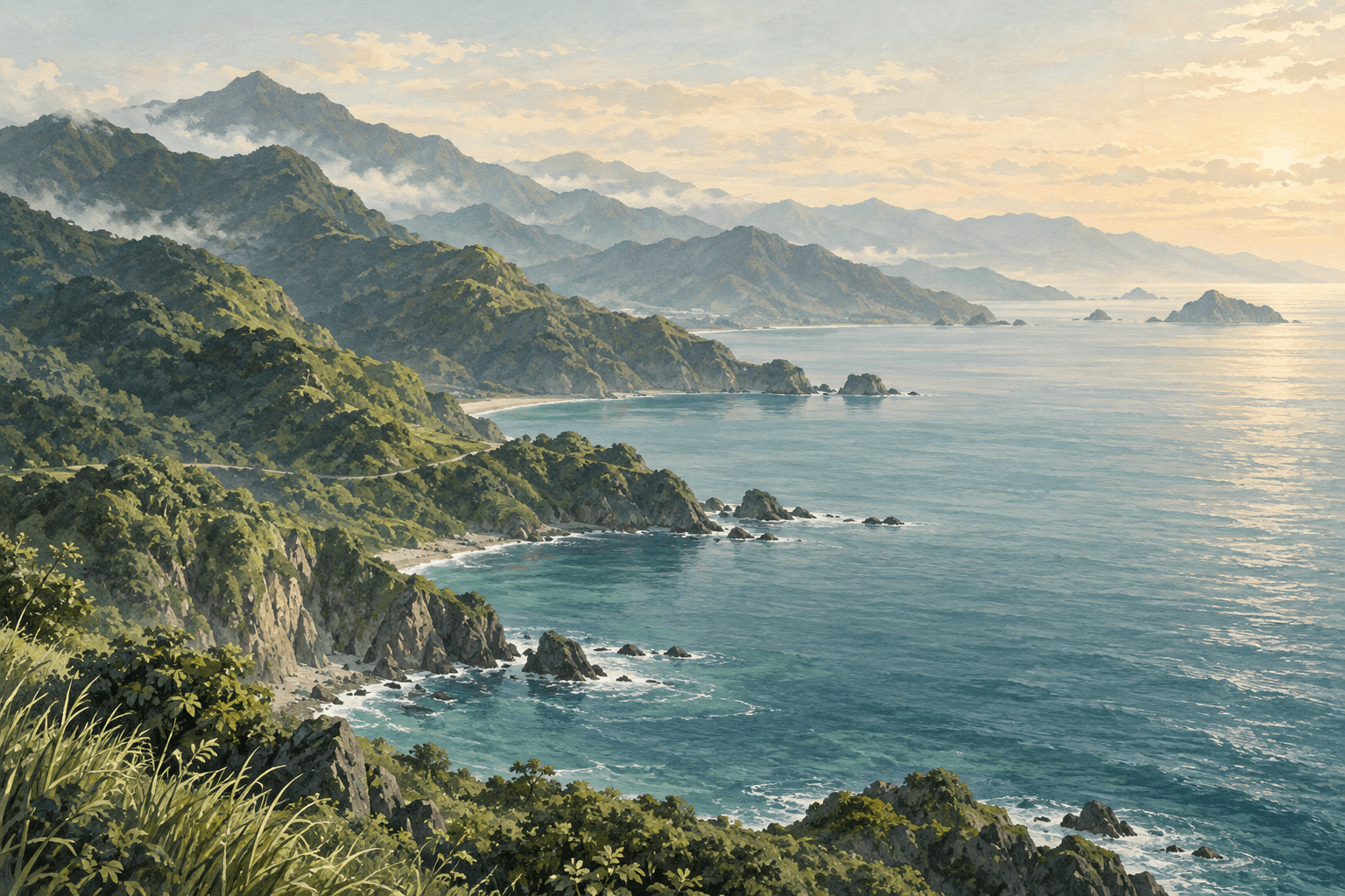 層疊山稜沿著島嶼海岸伸向晨光中的海面；AI 生成的概念風景，非特定實景