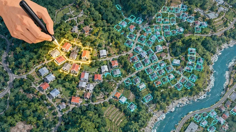 插畫:俯瞰山坡小鎮,一隻手用筆描出幾棟屋頂的金色外框,周圍更多屋頂也出現相同外框