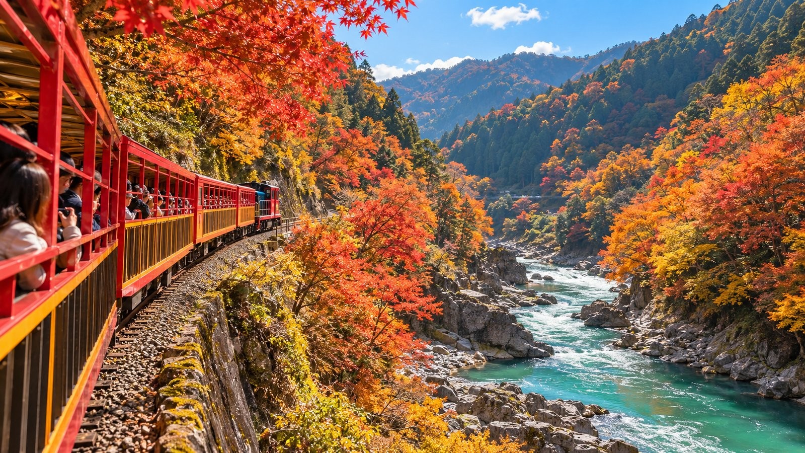 紅色觀光小火車沿著溪谷行駛，兩岸是橙紅色楓樹，谷底是碧綠溪水