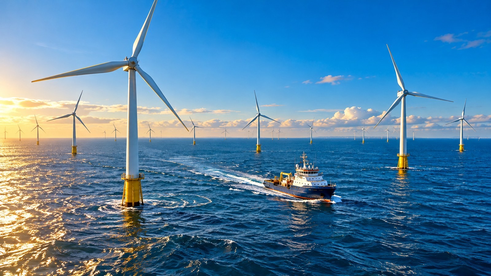An offshore wind farm at sunset, with a work vessel sailing between the turbines