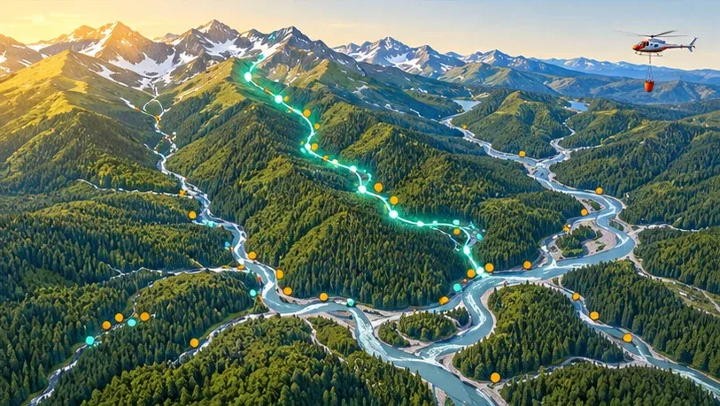 森に覆われた谷を流れる枝分かれした水系の俯瞰図。支流の1本が青緑の光点で示され、遠くでヘリコプターがタンクを吊るして飛んでいる