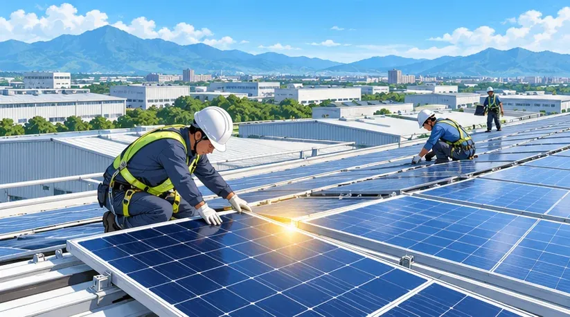 Workers installing solar panels across long factory rooftops