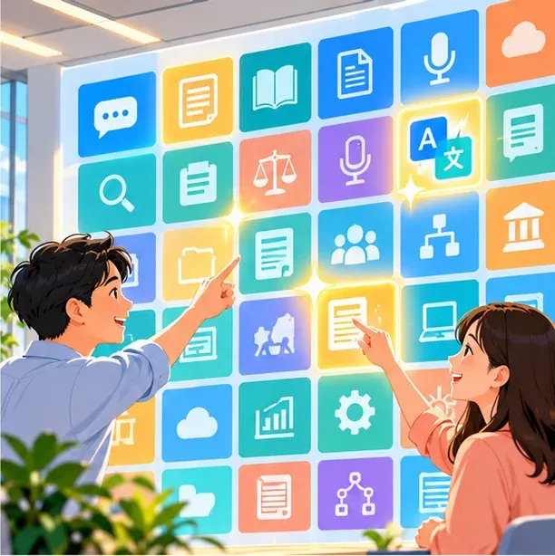 插畫：一面由許多彩色圖示方塊組成的牆，兩位同事指著其中幾格