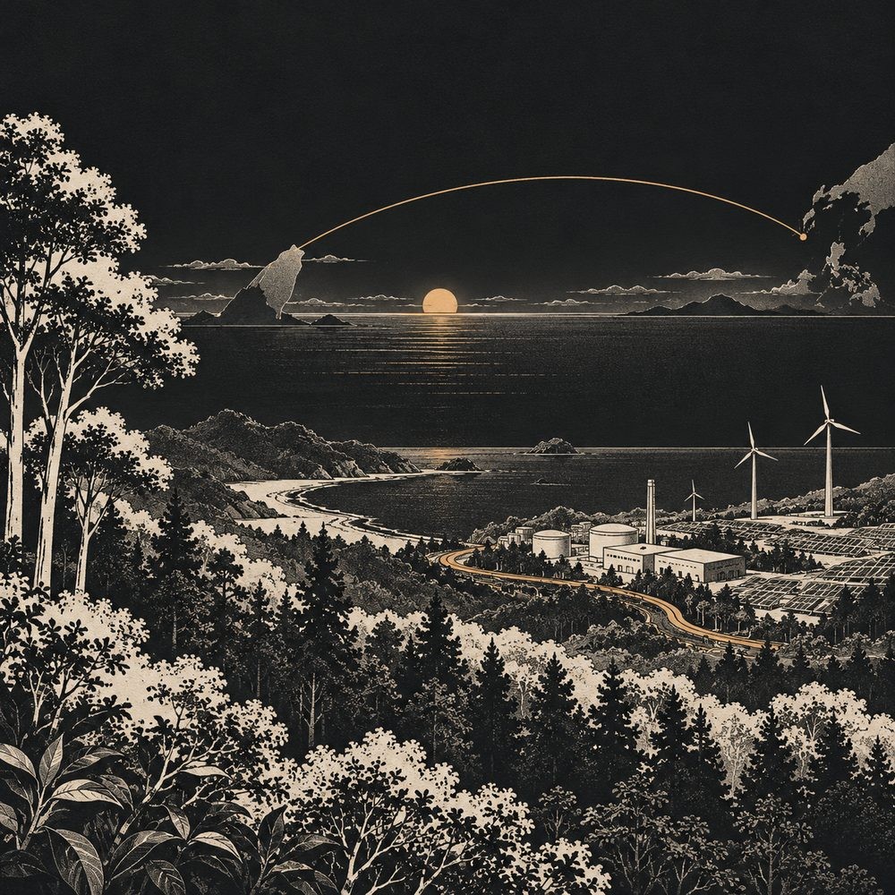 Taiwan's planted forest, bamboo grove and mangrove coast, with an envelope of reduction credits moving from the forest to a factory