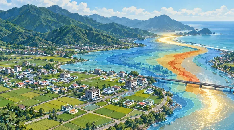 插畫:臺灣沿海河谷的鄉鎮,河流與洪氾區疊上半透明的災害潛勢色帶,房屋和稻田排列在岸邊