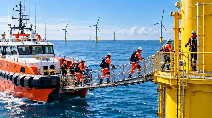 Crew in orange workwear cross a gangway from a crew transfer vessel onto a yellow turbine foundation