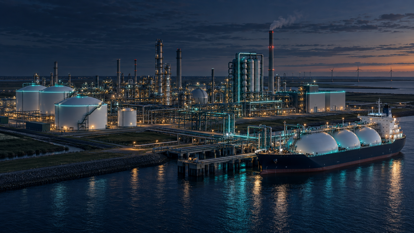 Fertiliser plant with carbon capture unit and a CO₂ carrier at dusk
