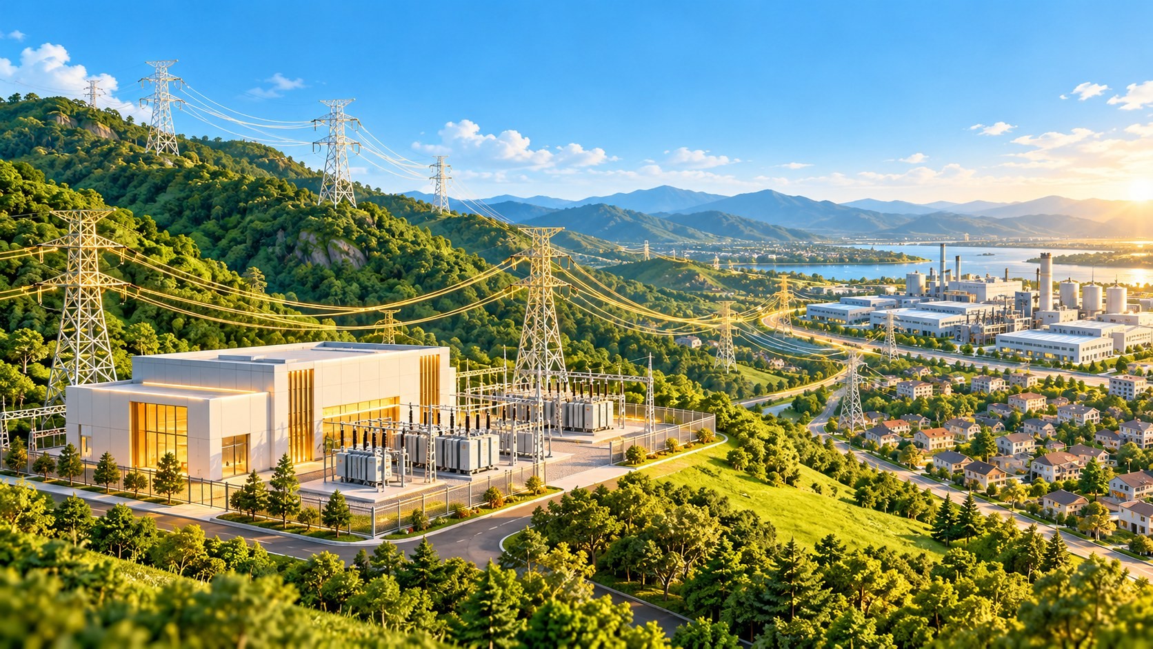 A substation with transmission lines branching out to an industrial park and a town