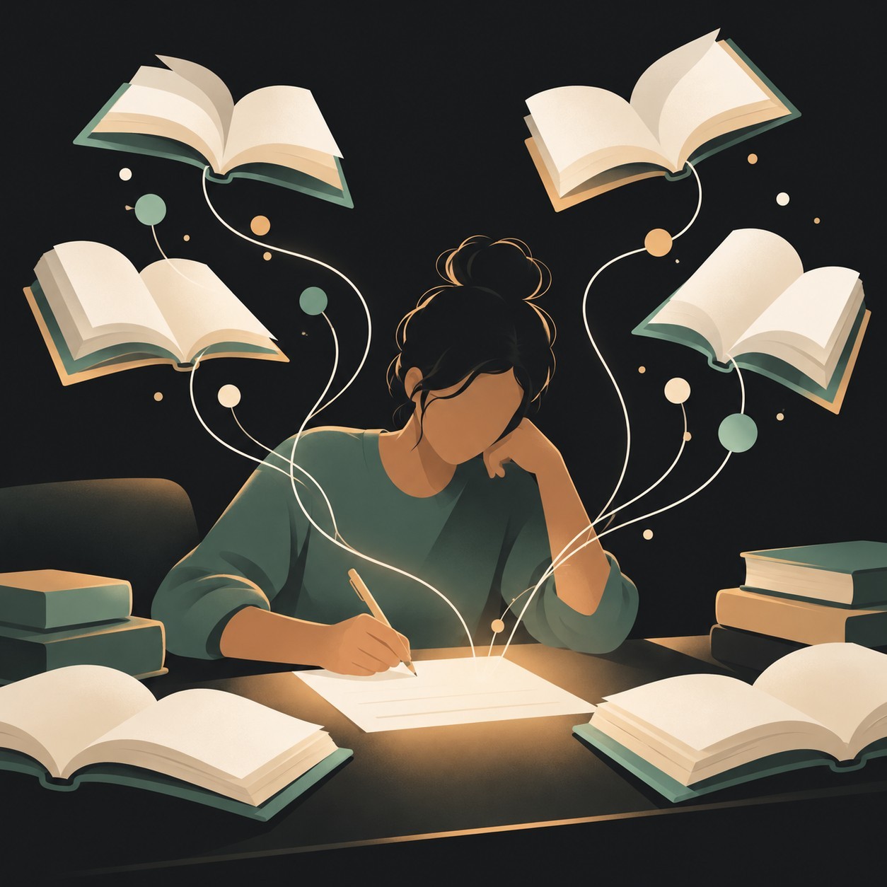 學生手寫文章，幾本打開的書以思考線連到稿紙