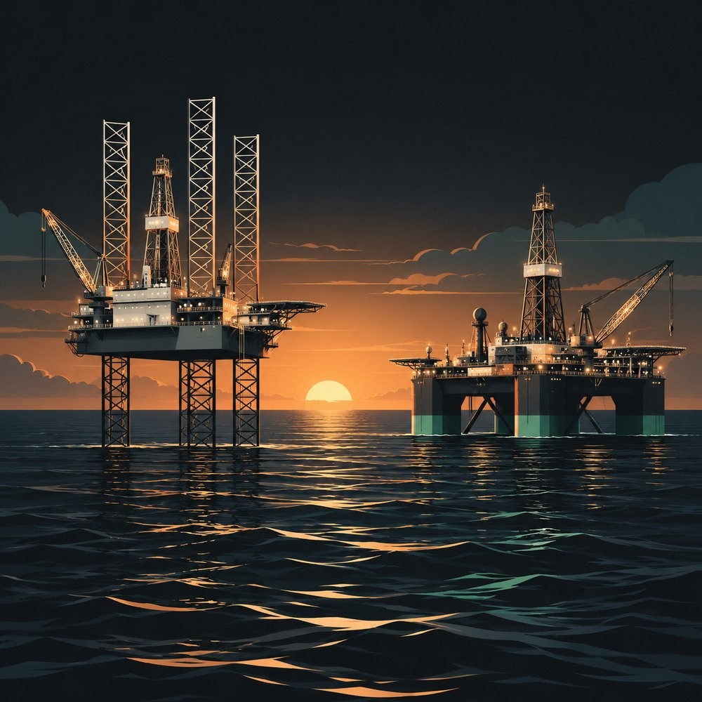 A jack-up rig and a floating drilling rig on open sea at dusk