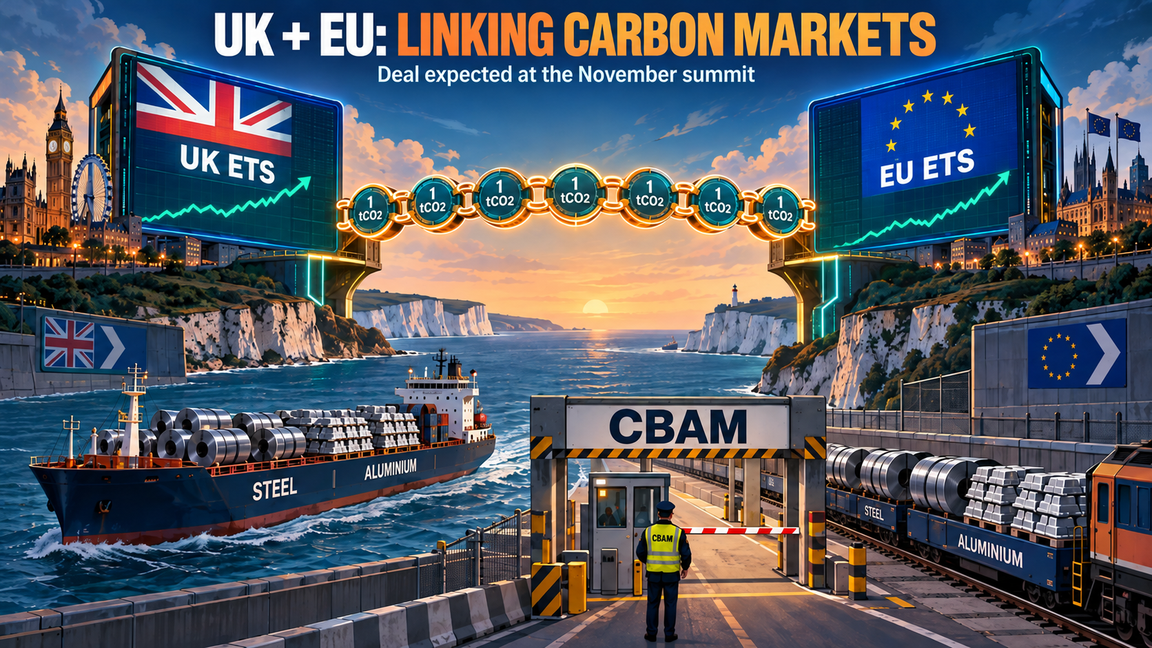 Illustration: UK and EU carbon-trading boards linked by a bridge of allowances across the Channel, with a cargo ship and freight train carrying steel passing a border gate labeled CBAM
