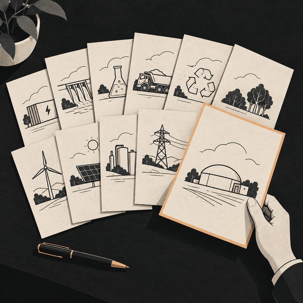 Methodology documents fanned out on a desk, each with an icon for a different reduction technology, with a pen for comments