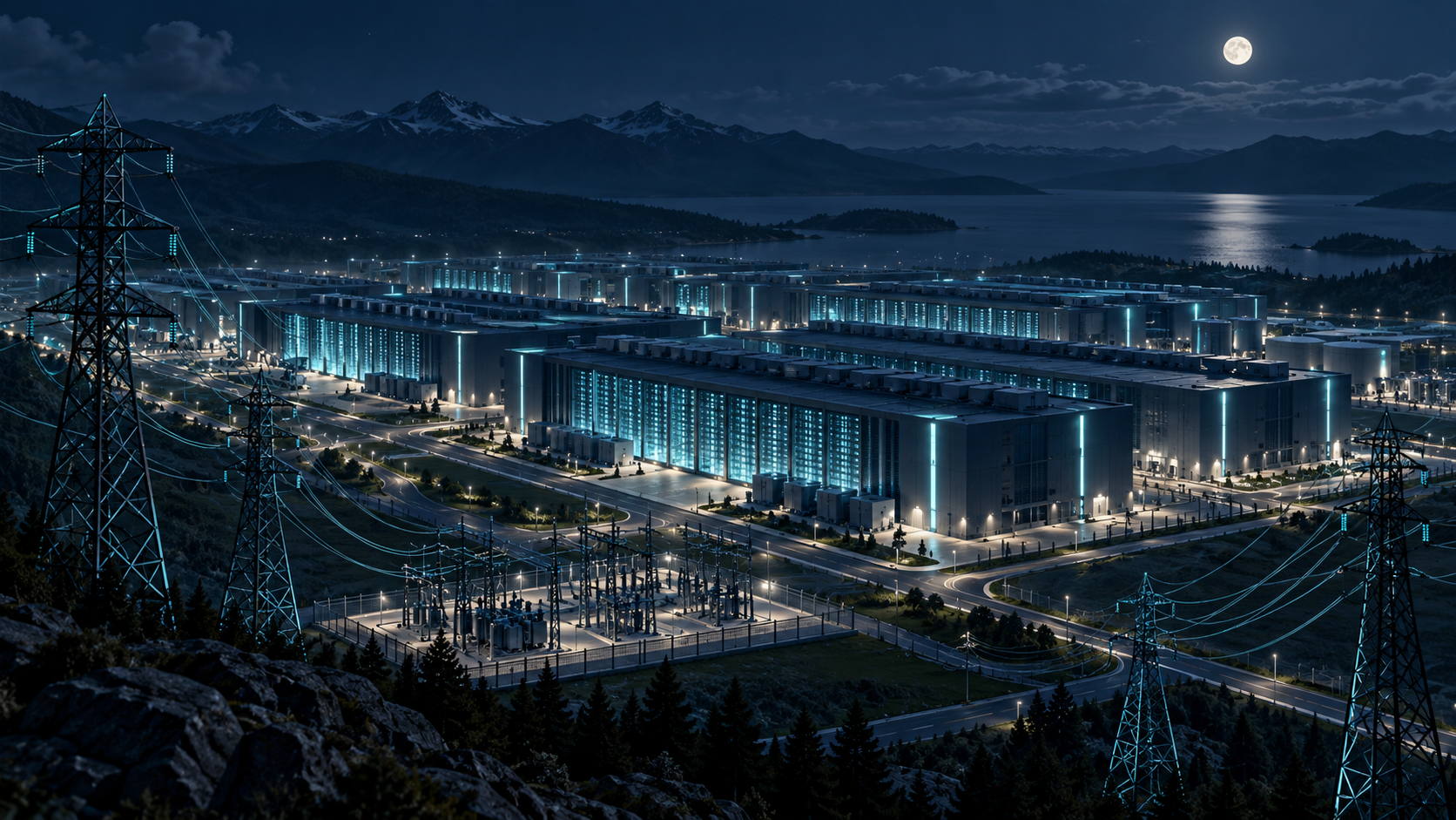 A large AI data center campus at night with high-voltage lines