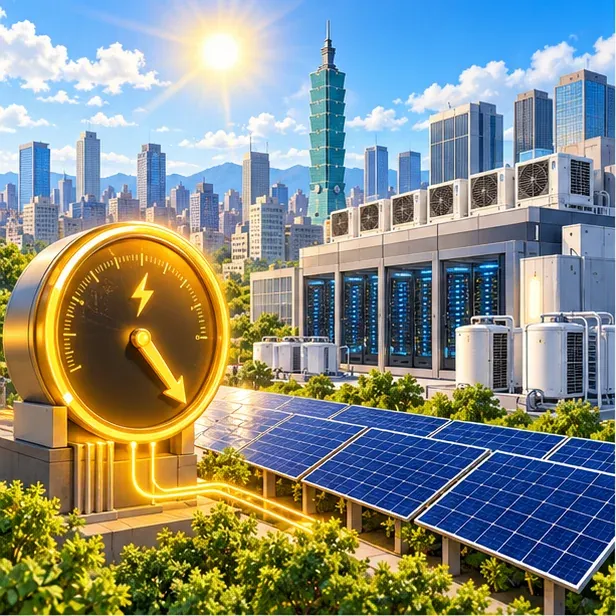插畫:陽光下的城市、資料中心與成排光電板,旁邊的金色電表指針朝下
