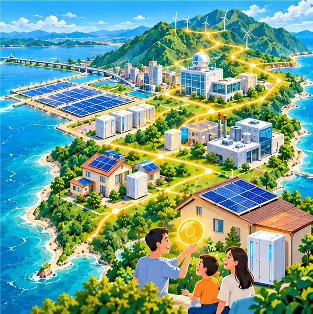 插畫：島上的城市、光電與儲能案場、研究室和工廠以金色線條相連，一家人站在家用電池旁