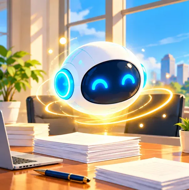 Illustration: a glowing AI agent orb signing and stamping company documents at a sunny desk, with golden seals nearby