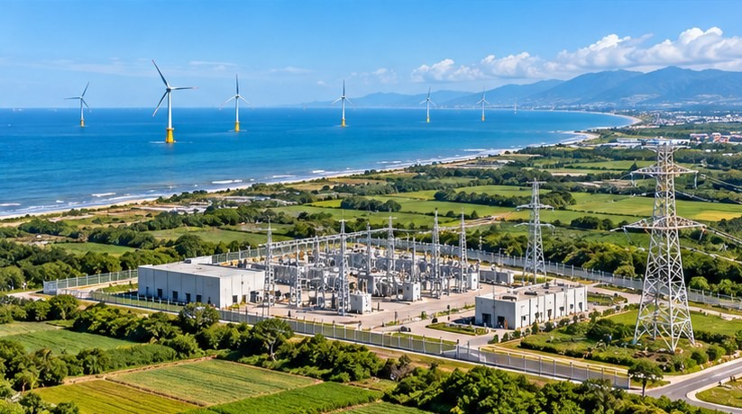 A coastal substation and transmission towers, with a row of offshore turbines out at sea