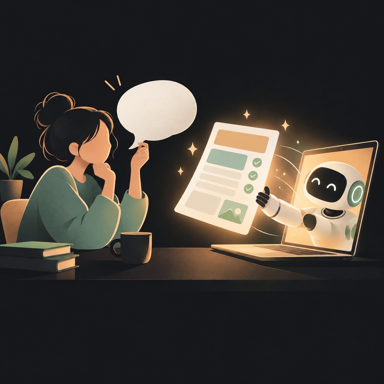 初學者拿著空白對話框，螢幕送出一份完成的文件