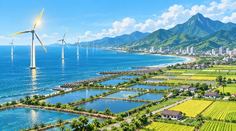 Offshore wind turbines off Taiwan's west coast, with fish ponds and rice fields along the shore