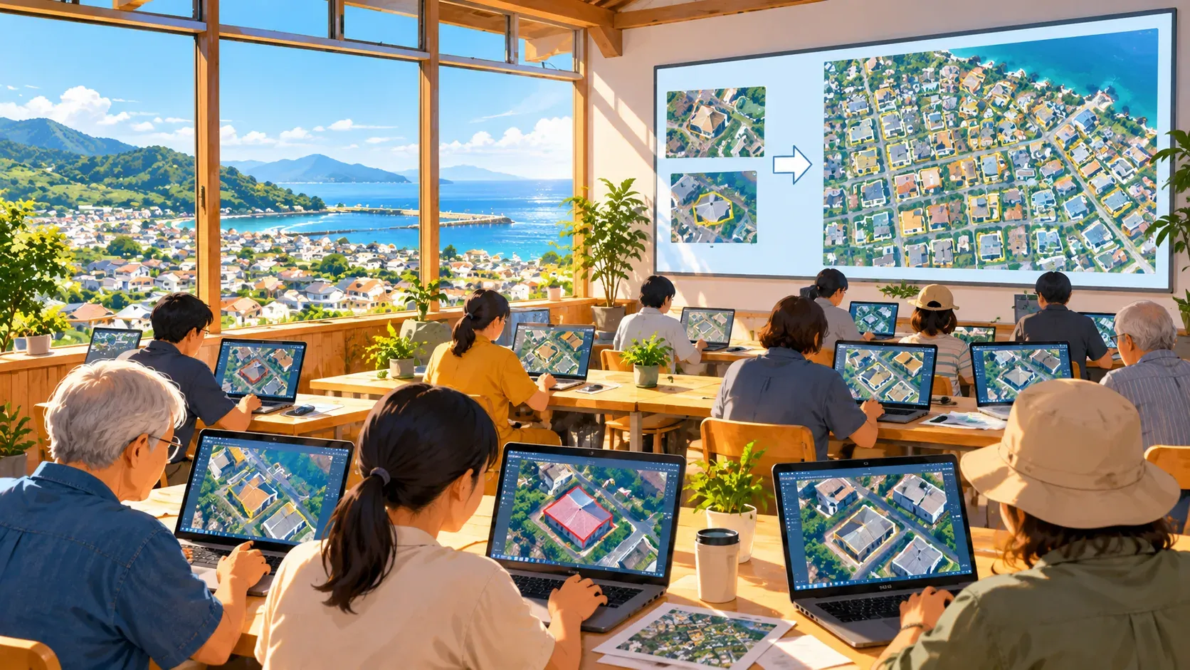 插畫:社區活動中心裡,志工坐在長桌前用筆電在空拍影像上描屋頂,牆上大螢幕顯示幾棟描好的房子延伸成整片建物輪廓