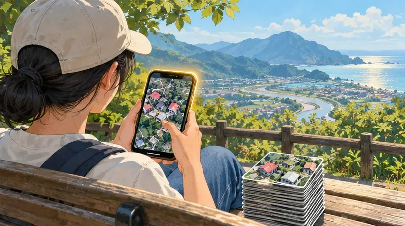 插畫:一個人坐在山邊步道的木長椅上,用手機查看一格房屋空拍影像,身旁疊著一疊影像卡