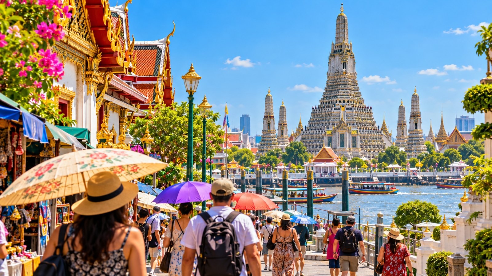 Tourists with umbrellas against the heat near Wat Arun in Bangkok