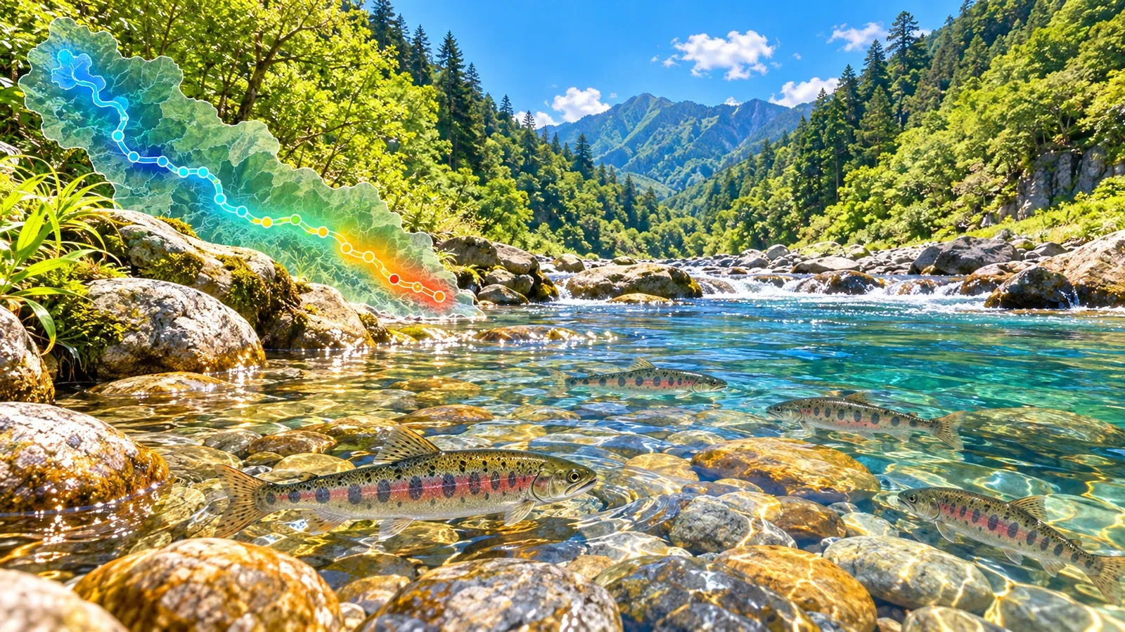 澄んだ山の渓流の礫の上にタイワンマスが数匹とどまり、岸の上には流れに沿った水温を青から赤で示す半透明の地図が浮かんでいる
