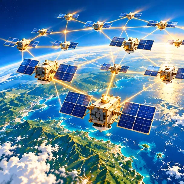 多顆衛星緊密編隊以琥珀色光線相連（示意圖）