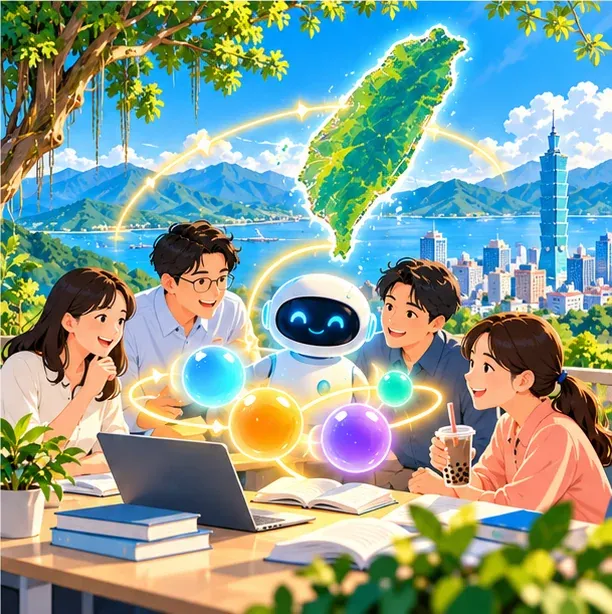 插畫：臺灣島形狀浮在天空，幾位工作者圍著筆電，上方飄著大小不同的語言模型光球