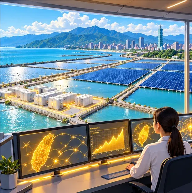 插畫:臺灣海邊的鹽灘光電與儲能貨櫃,控制室裡的人員看著電力畫面