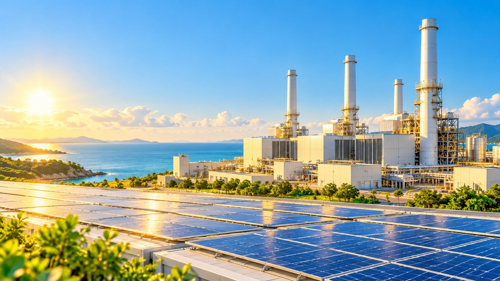 A coastal gas-fired combined-cycle power plant with rooftop solar in the foreground