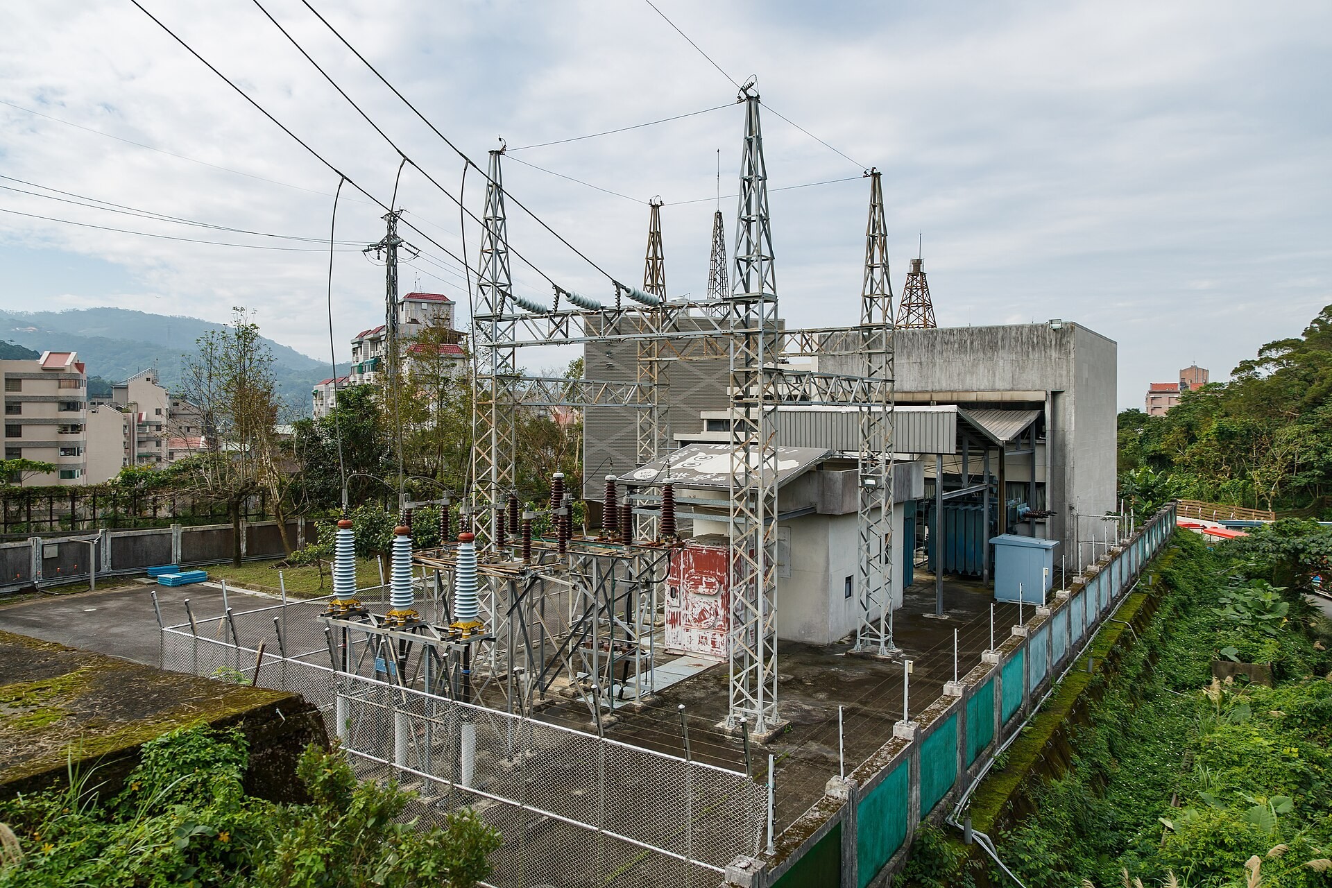 Taiwan Power Company (Taipower) electrical substation and transmission equipment in Wenshan District, Taipei, Taiwan (photographed in 2015)