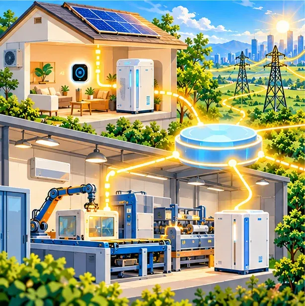 插畫：住宅與小工廠的剖面，智慧溫控器、壁掛電池和產線把金色訊號傳到中央平台