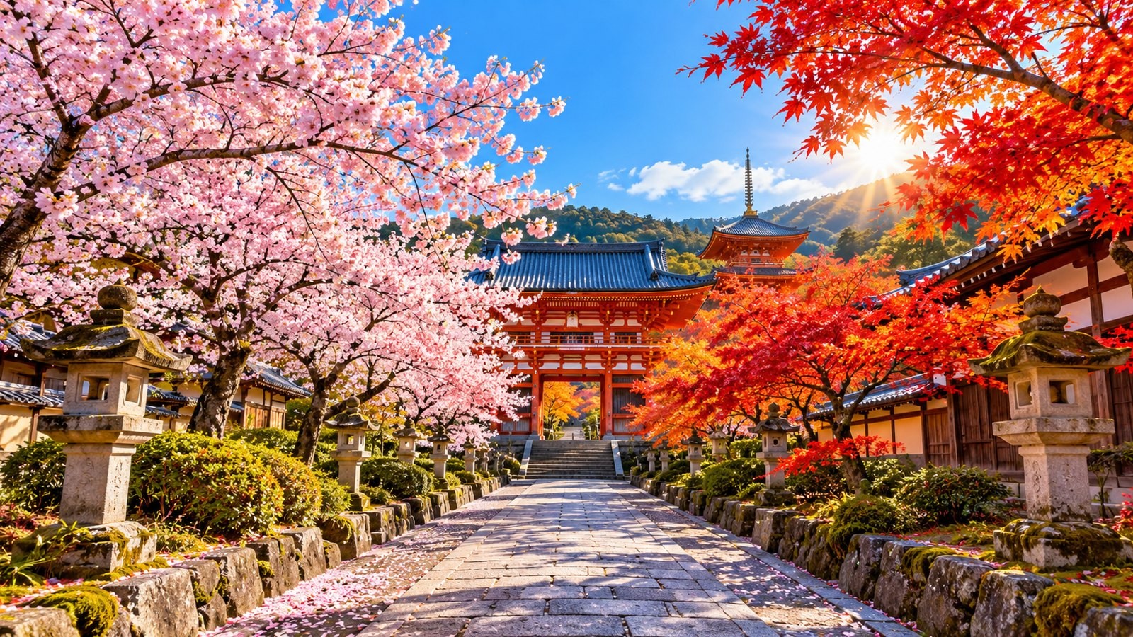 Kyoto temple path with cherry blossoms on the left and red maples on the right