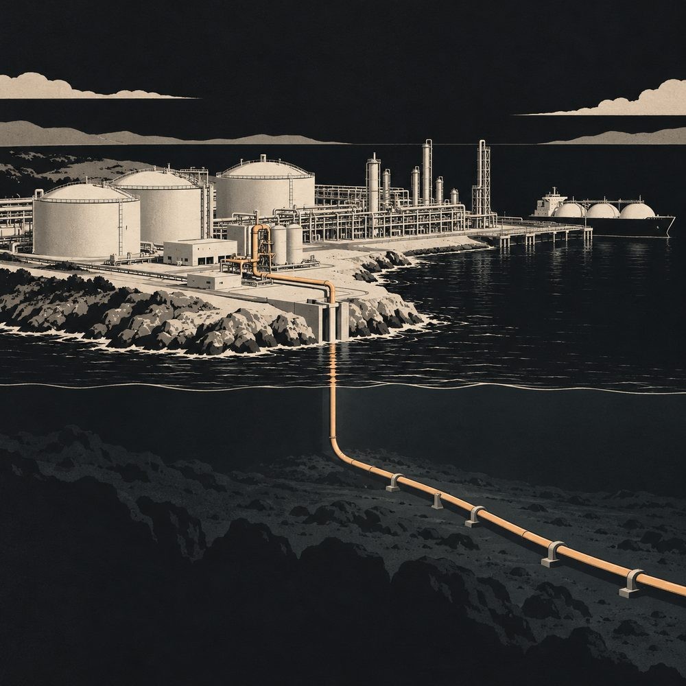 沿岸のLNGプラントから分かれたCO₂が受入設備を経て沖へ向かうパイプラインに入る