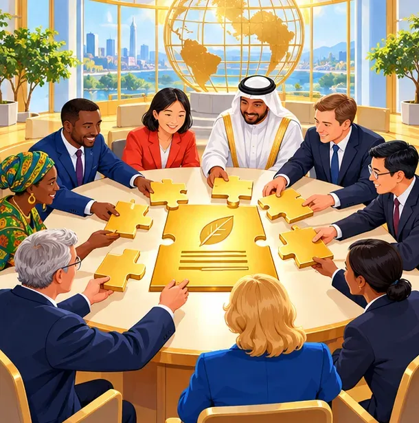 插畫:明亮會議廳裡的圓桌,各國代表把拼圖拼成一份金色文件