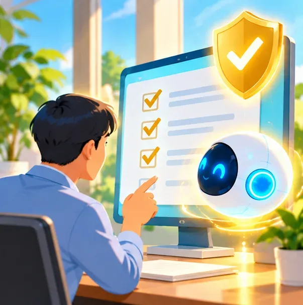 Illustration: in a bright office, a human supervisor and an AI orb review a checklist together on a large screen, with a golden shield icon beside it