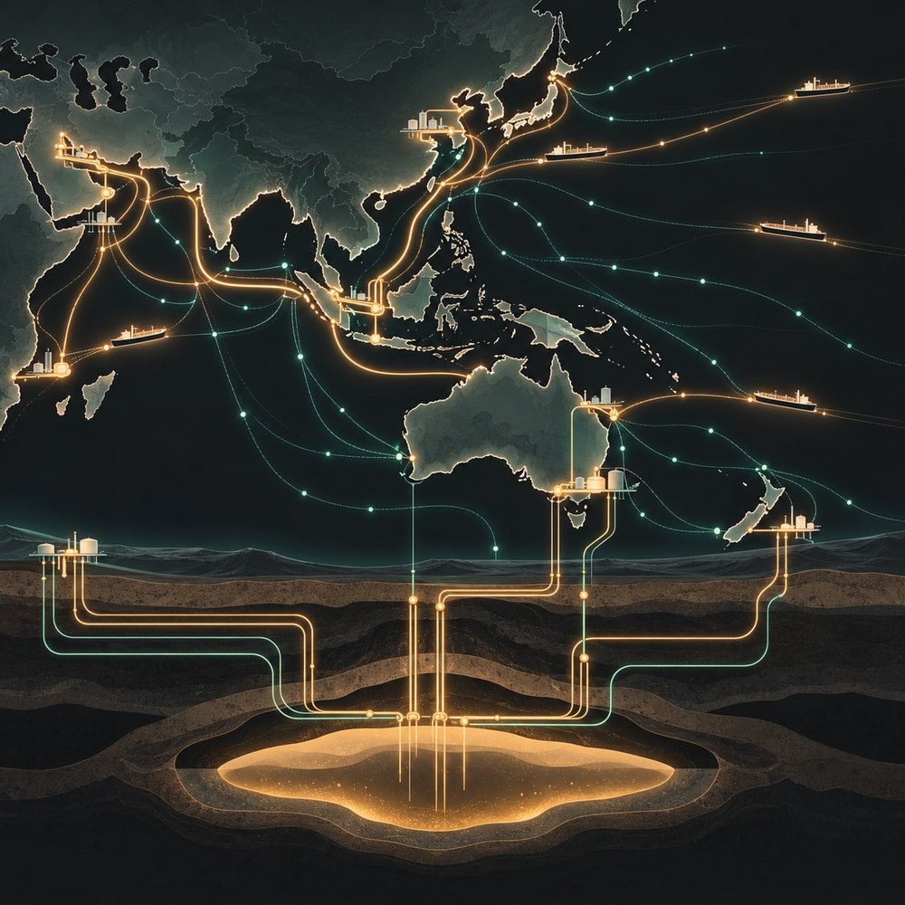 Asia-Pacific coastlines with glowing shipping routes and pipelines leading to an underground storage reservoir