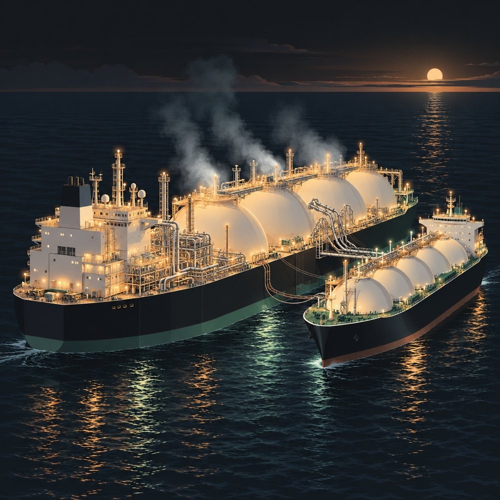 A floating LNG vessel with a smaller LNG carrier moored alongside, cold vapour rising