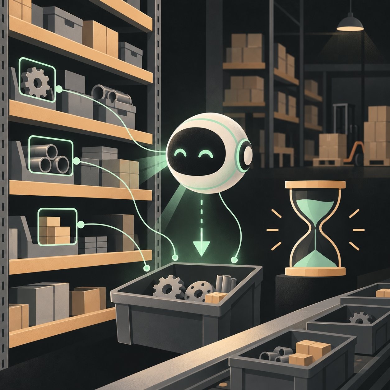AI 助理檢查倉庫貨架並自動補滿零件箱，旁邊是沙漏