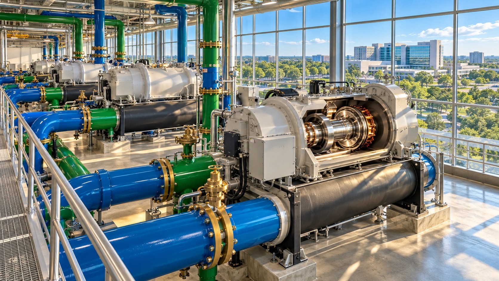 冰水機房內的離心式冰水機組，剖面呈現磁浮軸承轉軸