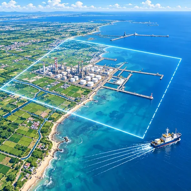 雲林海岸六輕工業區鳥瞰，海域與陸地標出探勘範圍，海上有調查船