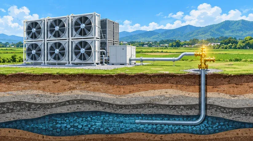 A direct air capture unit on farmland piped to an injection well that stores CO₂ in deep rock layers