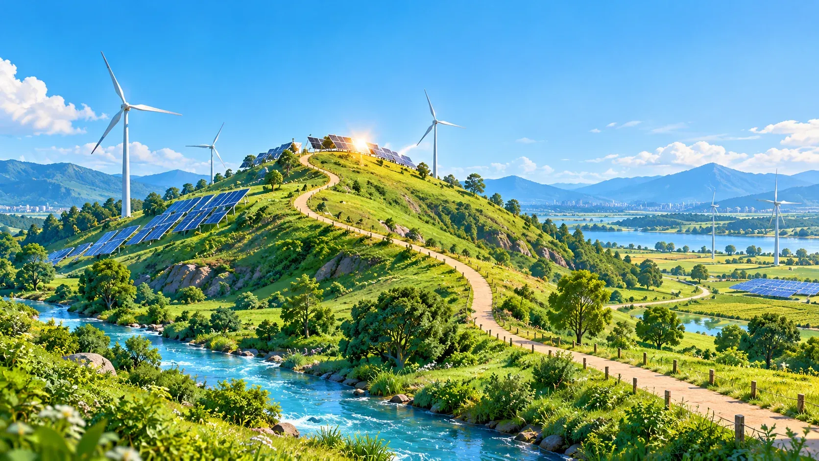 A footpath in a sunny valley climbs a hill topped with solar panels and descends to the plain, with wind turbines and a river nearby