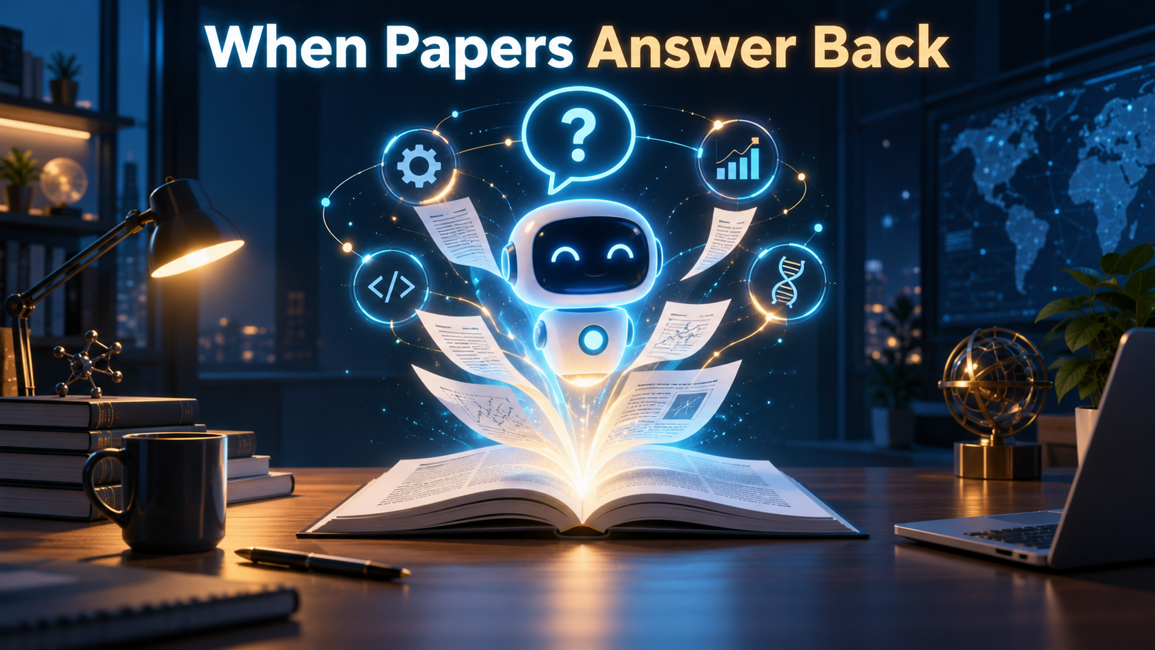 一本打開的論文中浮現 AI 代理與工具圖示
