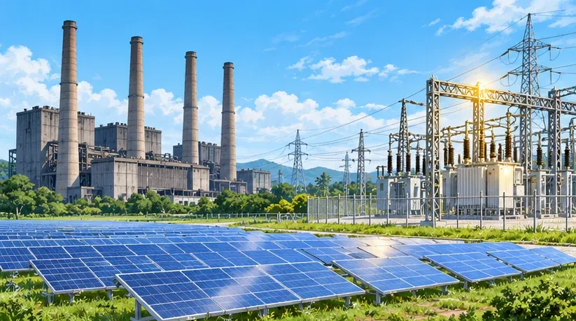 Smokeless coal-plant chimneys beside a new substation and a field of solar panels