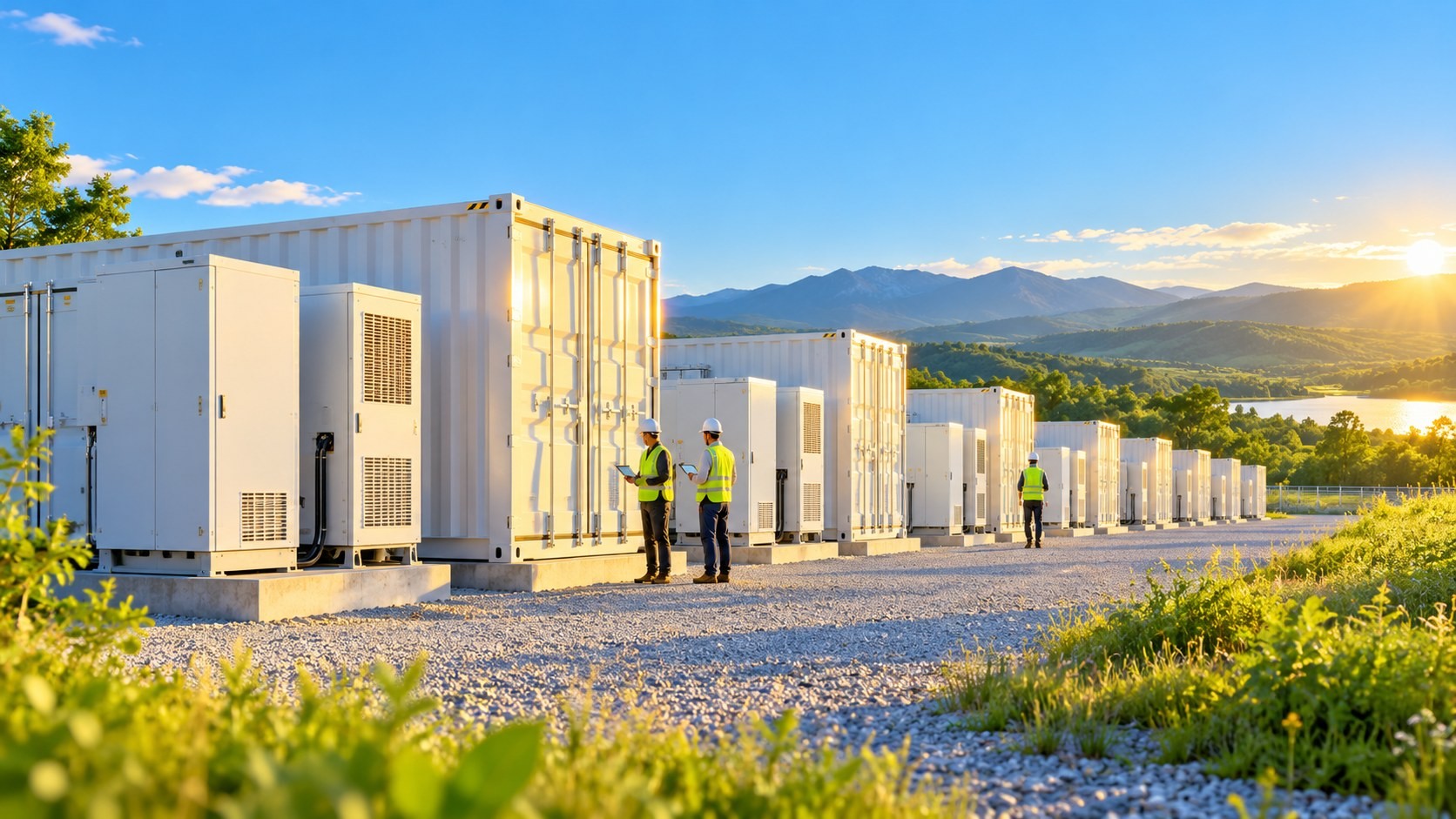 Containerized lithium battery storage units with engineers on inspection